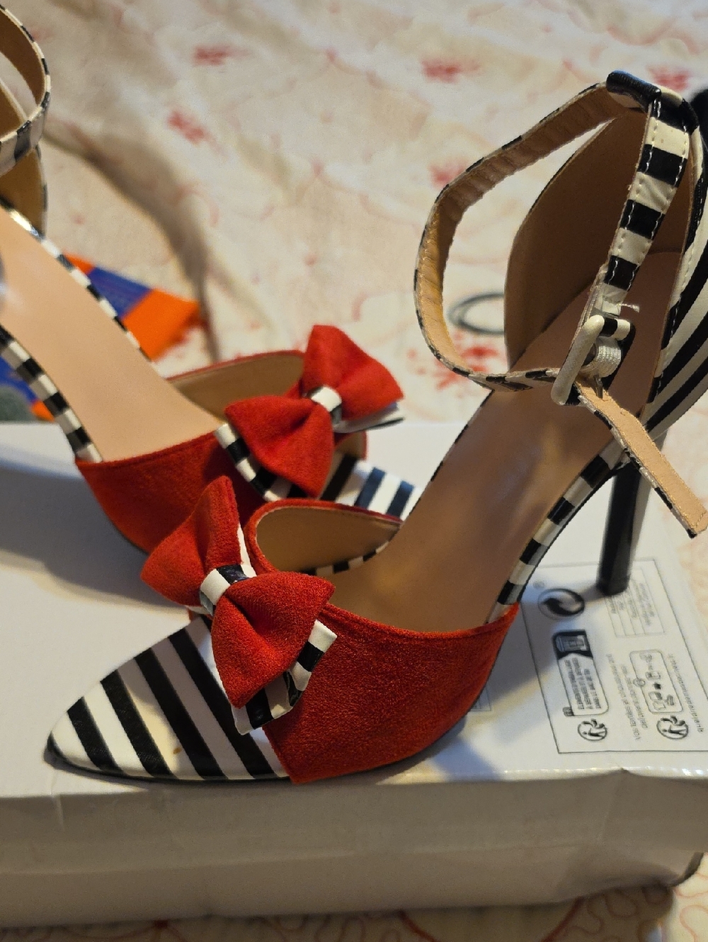 Red Striped Bow Ankle-Strap High Heels